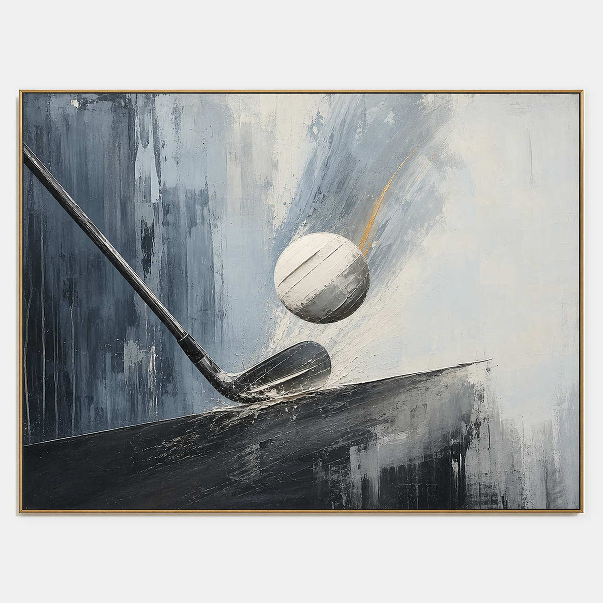 Hand-painted modern golf wall art with black, white, and blue tones.