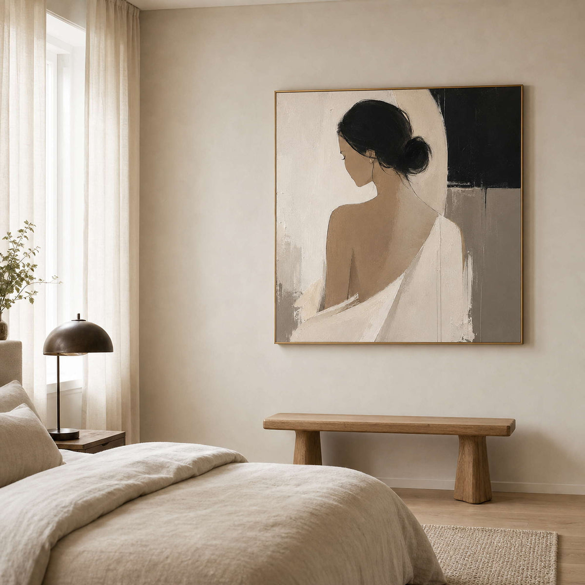 Minimalist Figurative Wall Art displayed above a calm modern bedroom.