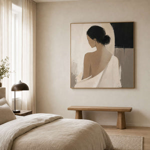Minimalist Figurative Wall Art displayed above a calm modern bedroom.