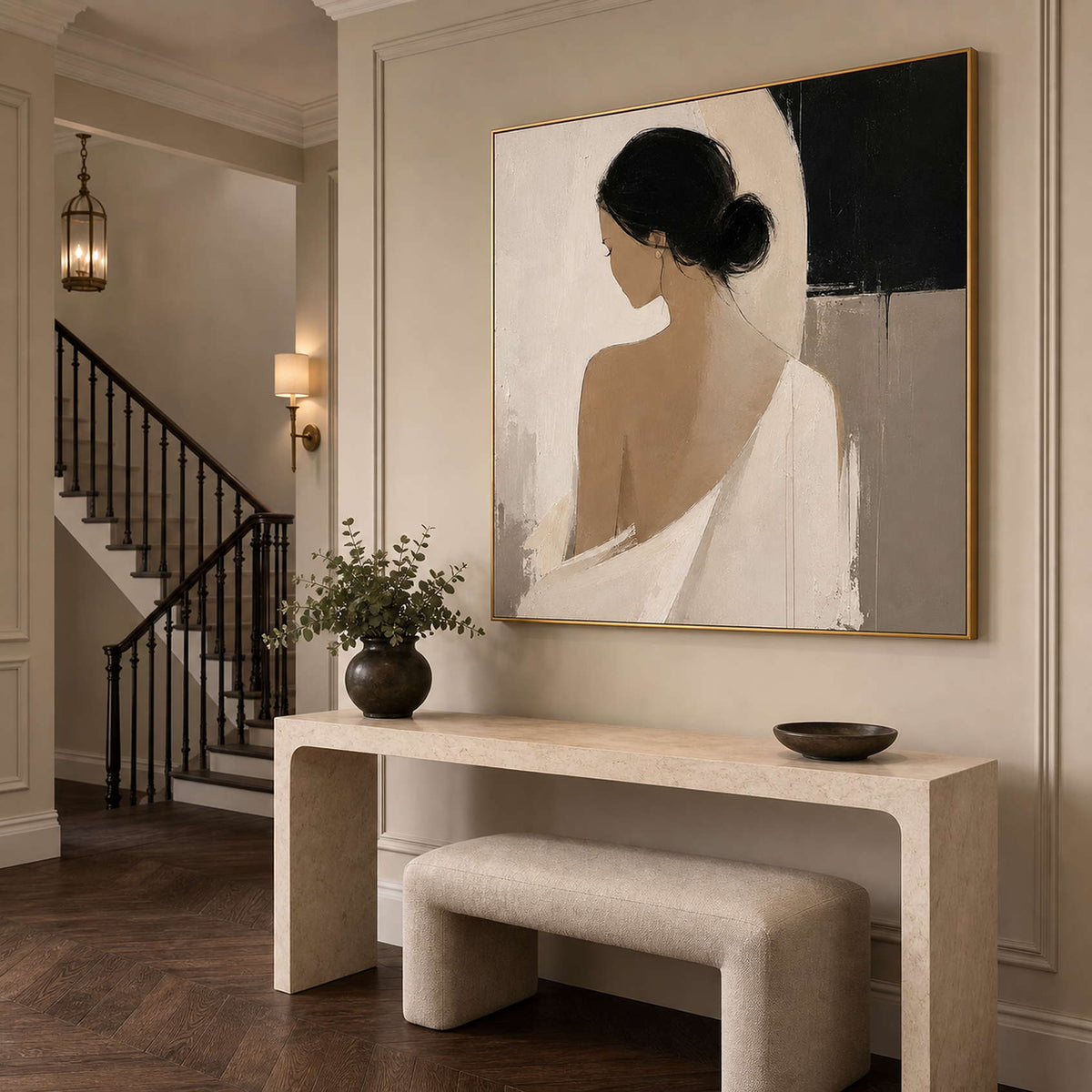 Minimalist Figurative Wall Art styled in a quiet modern entryway.