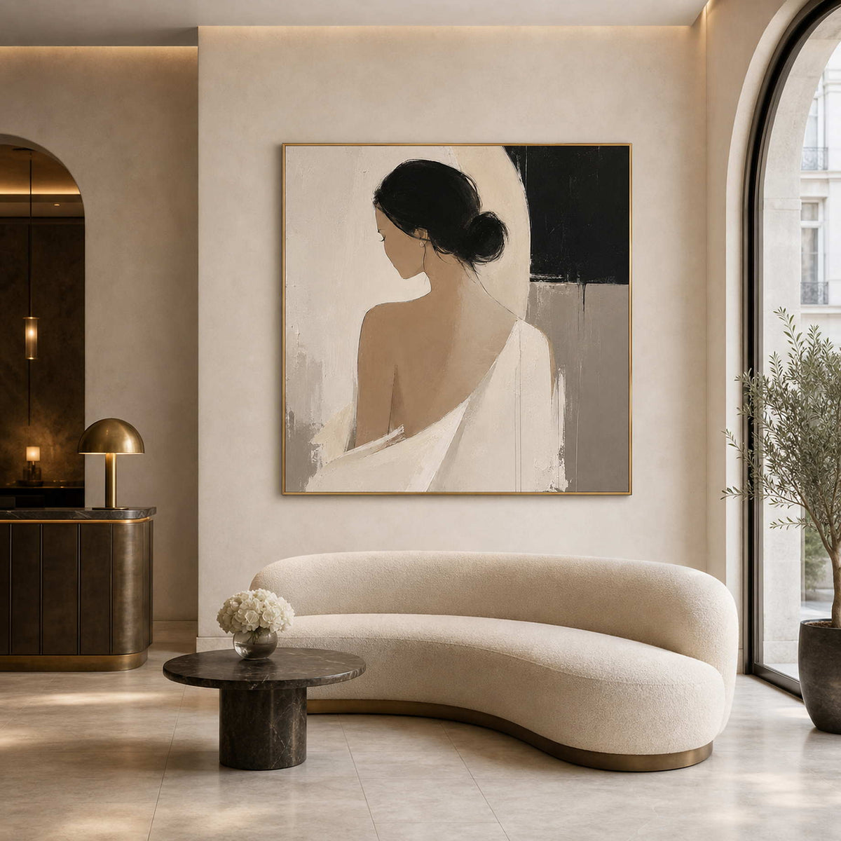 Minimalist Figurative Wall Art displayed in a refined neutral living room.