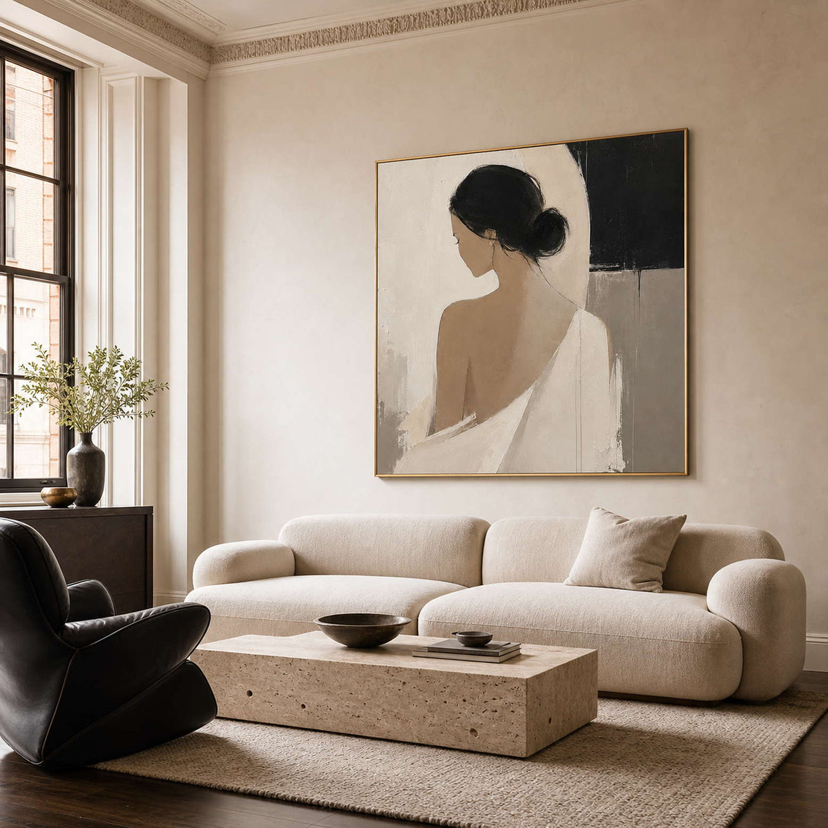 Minimalist Figurative Wall Art styled above a contemporary living room sofa.