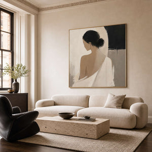 Minimalist Figurative Wall Art styled above a contemporary living room sofa.