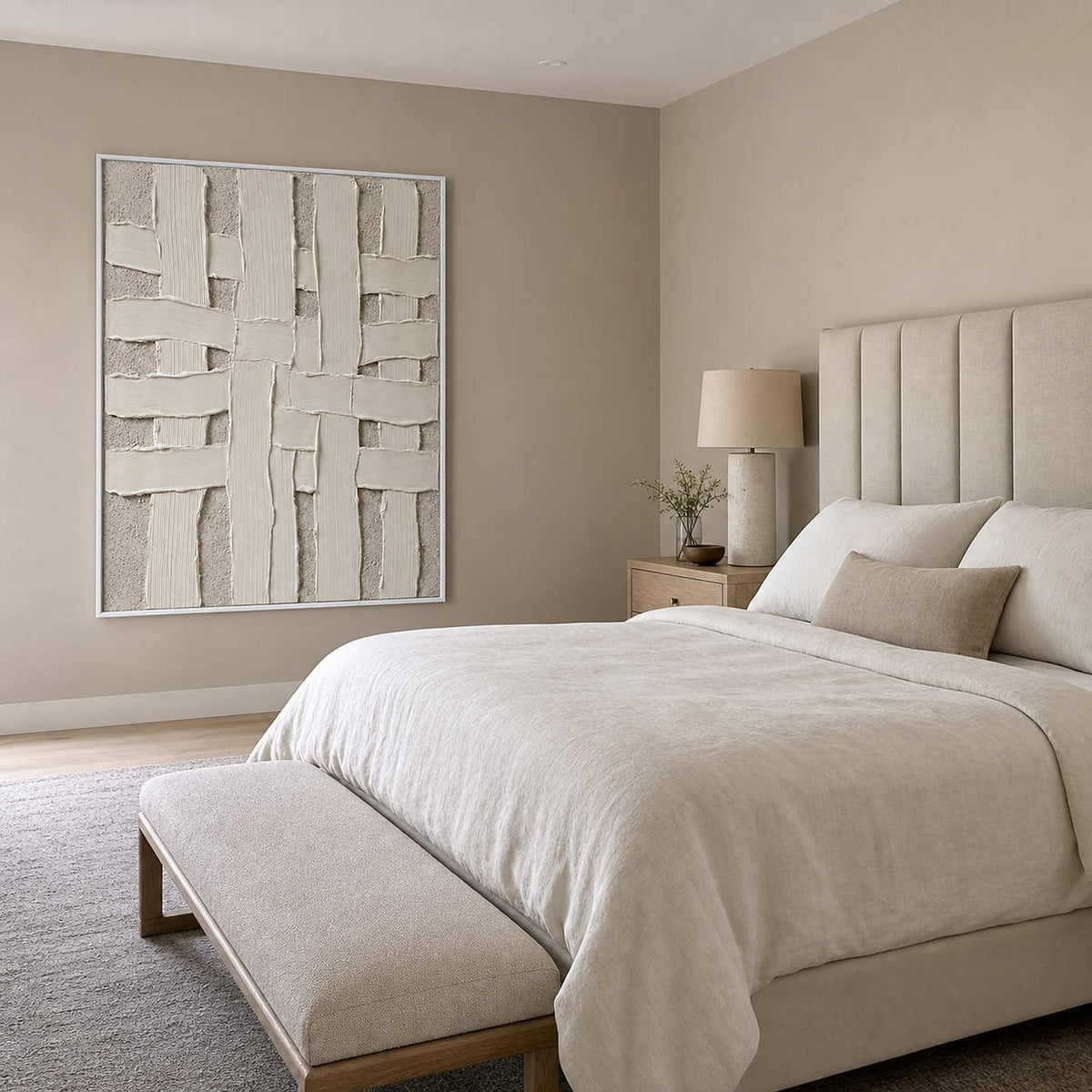 Minimalist Textured Wall Art displayed in a refined bedroom.