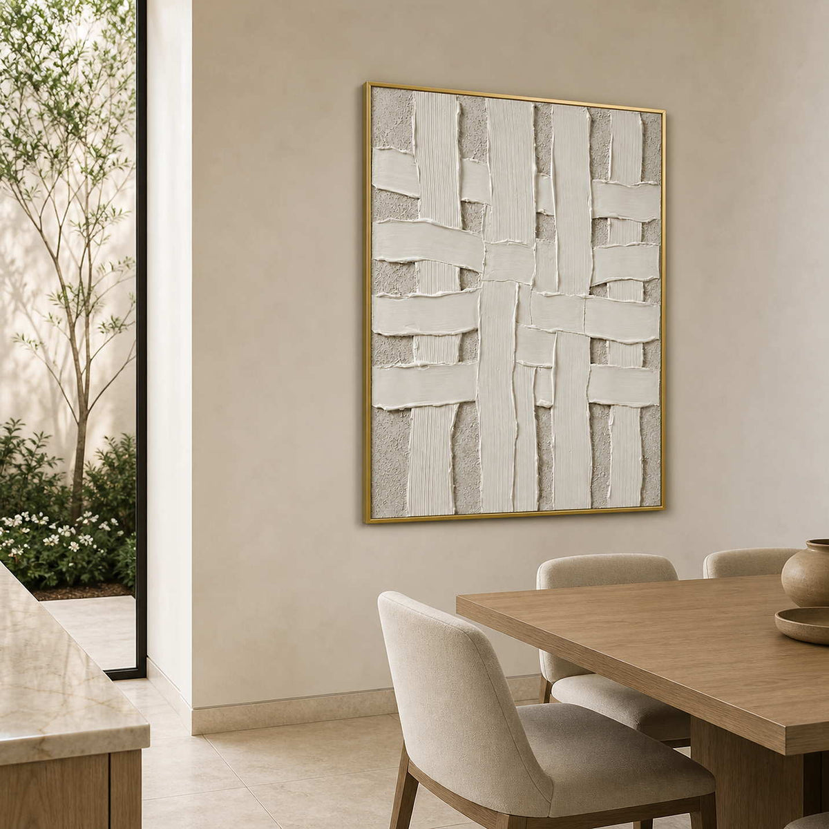 Minimalist Textured Wall Art displayed in a refined dining room.