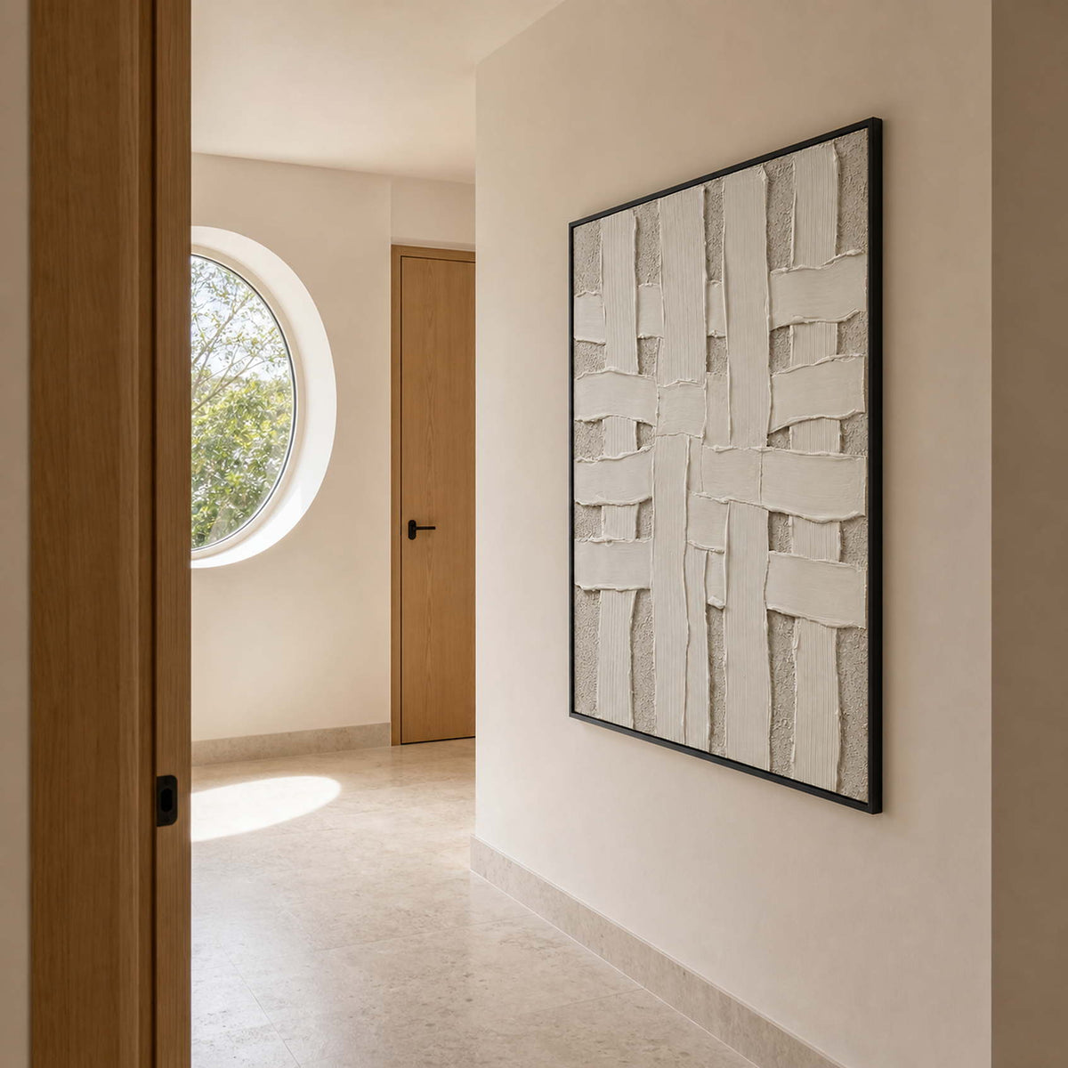 Minimalist Textured Wall Art displayed in a refined entryway.