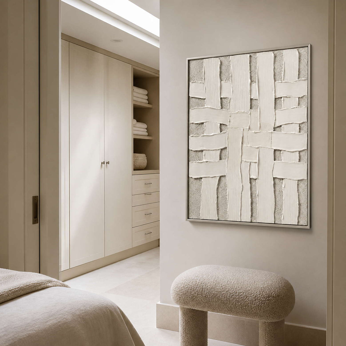 Minimalist Textured Wall Art displayed in a refined hospitality lounge.
