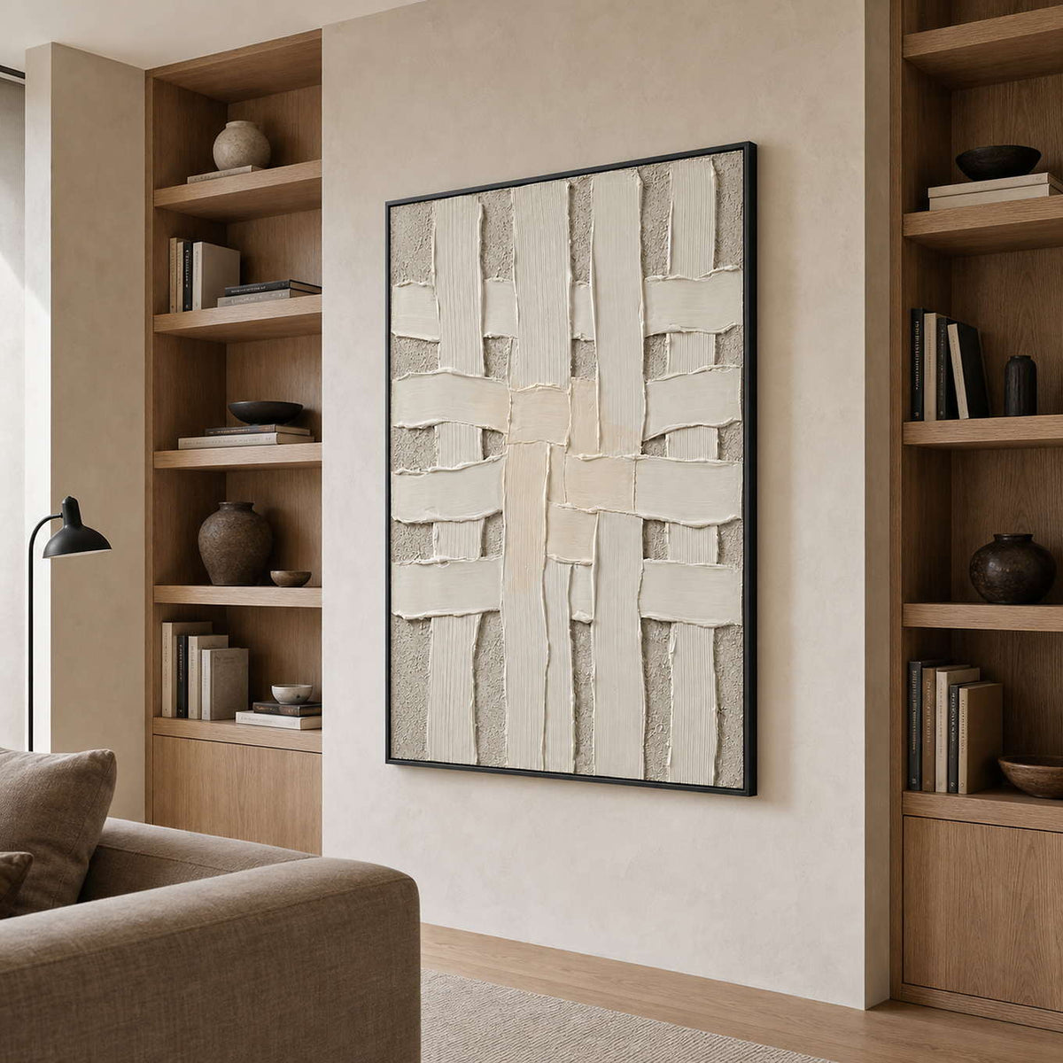 Minimalist Textured Wall Art displayed in a refined living room.