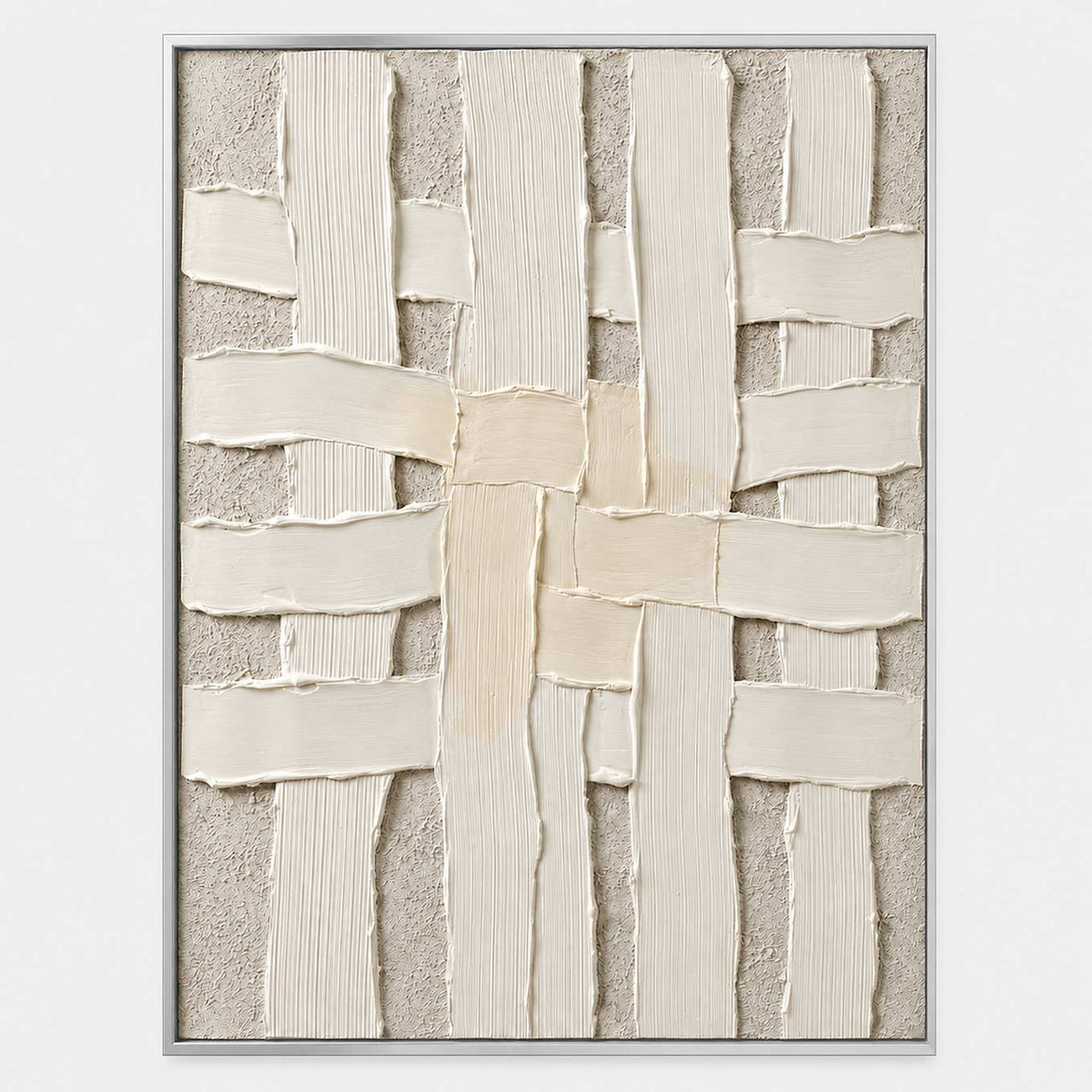 Hand-painted minimalist textured wall art with white and neutral tones.
