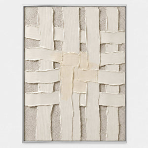 Hand-painted minimalist textured wall art with white and neutral tones.