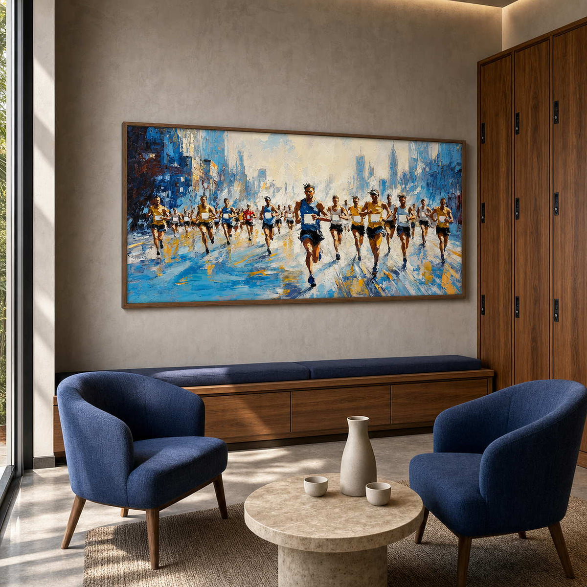 Running Wall Art displayed in a refined hospitality lounge.
