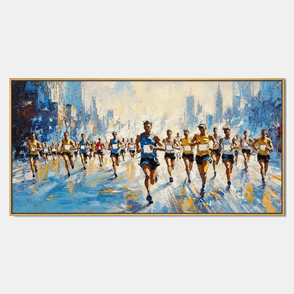 Hand-painted running wall art with blue, warm tones, and white tones.