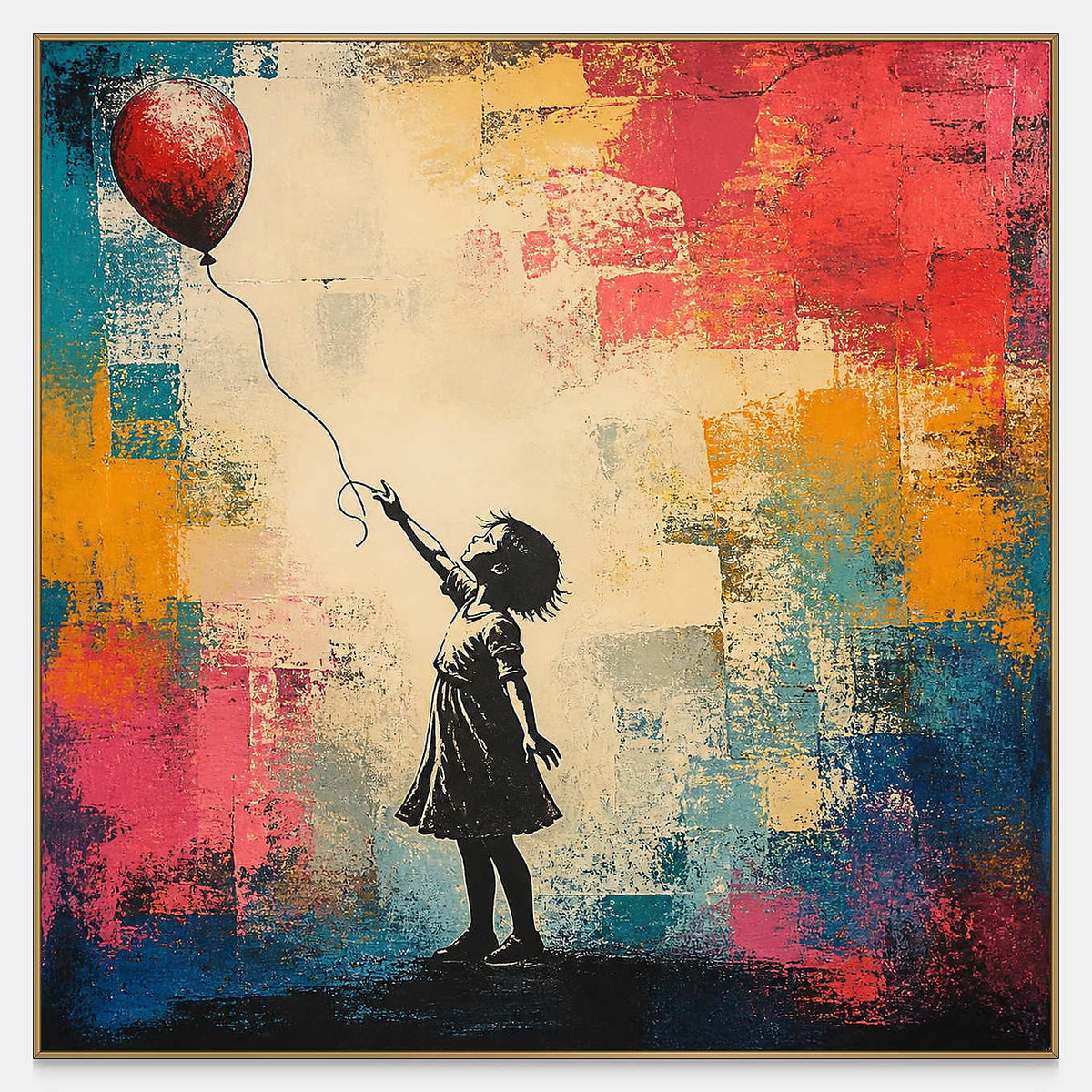 Hand-painted child and red balloon canvas with teal, coral, and ochre texture.