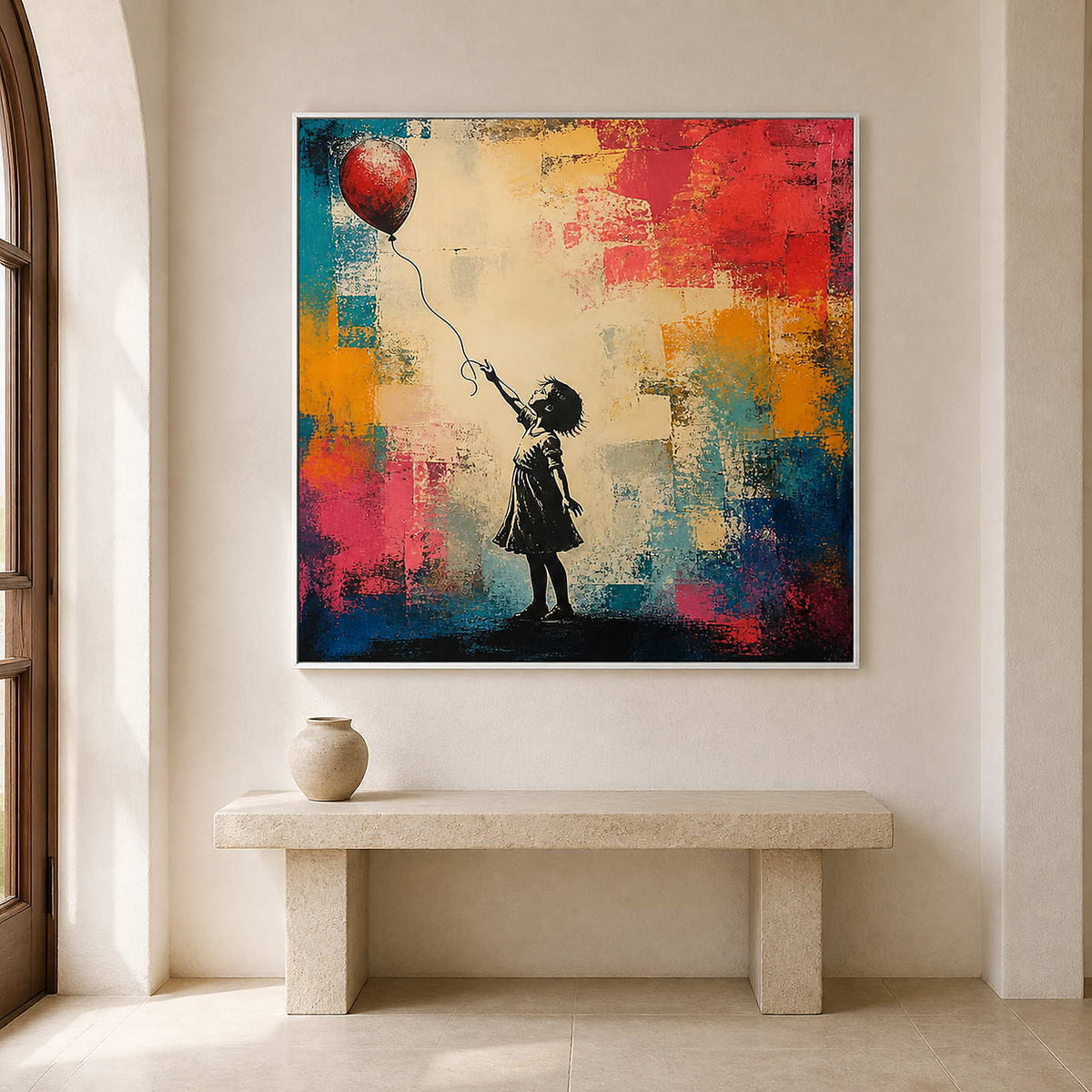 Square red balloon painting above a pale stone entryway console.