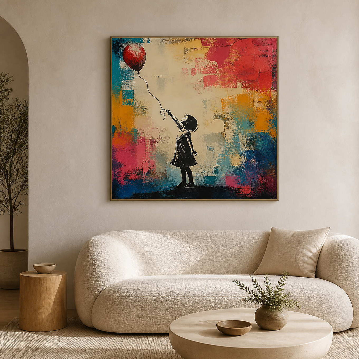Colorful figurative wall art in a warm contemporary living room.