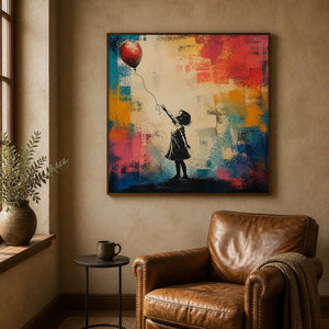 Expressive figurative wall art beside a caramel leather reading chair.