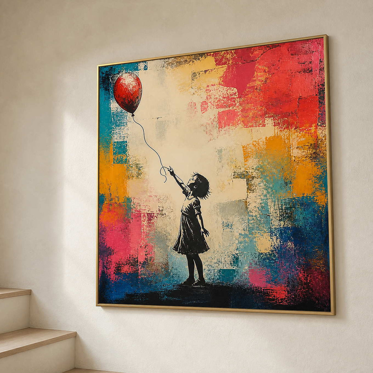 Square figurative canvas displayed beside a light wood staircase.