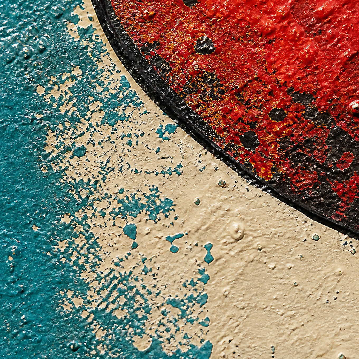 Close-up of red balloon paint, black outlines, teal, and warm ivory texture.
