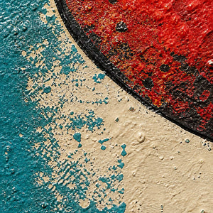Close-up of red balloon paint, black outlines, teal, and warm ivory texture.