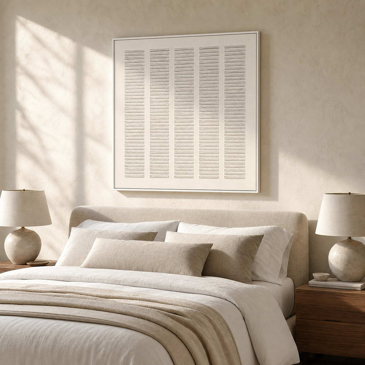 Minimalist Textured Wall Art displayed in a refined bedroom.