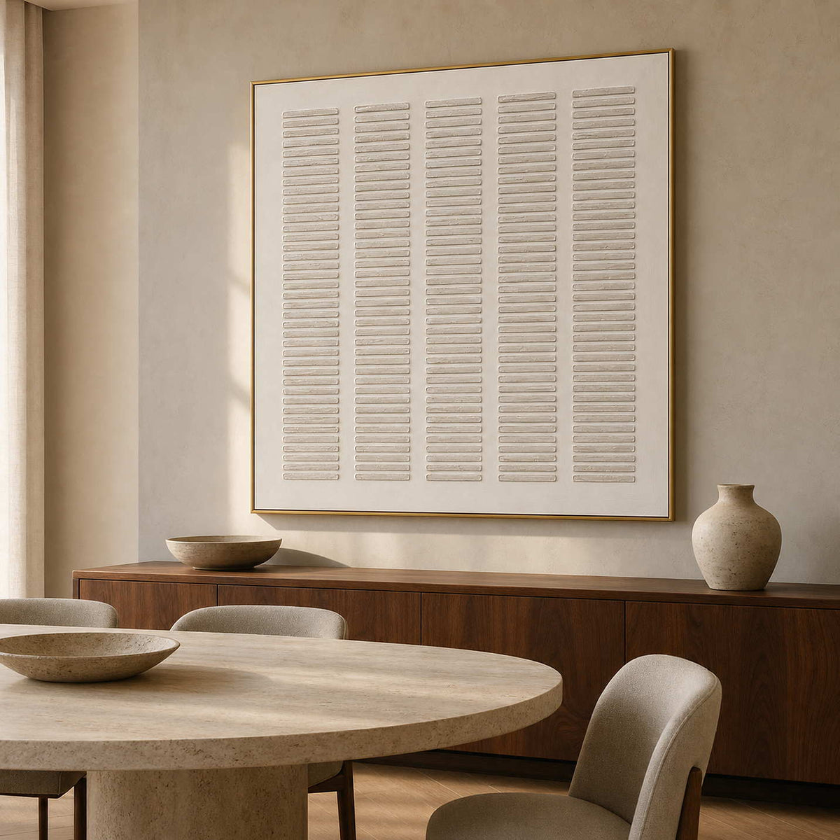 Minimalist Textured Wall Art displayed in a refined dining room.