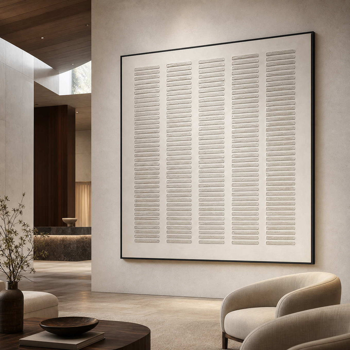 Minimalist Textured Wall Art displayed in a refined hospitality lounge.