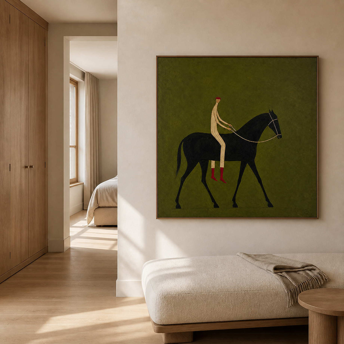 Square equestrian wall art in a cream oak bedroom foyer.