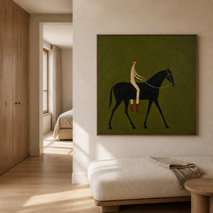 Square equestrian wall art in a cream oak bedroom foyer.