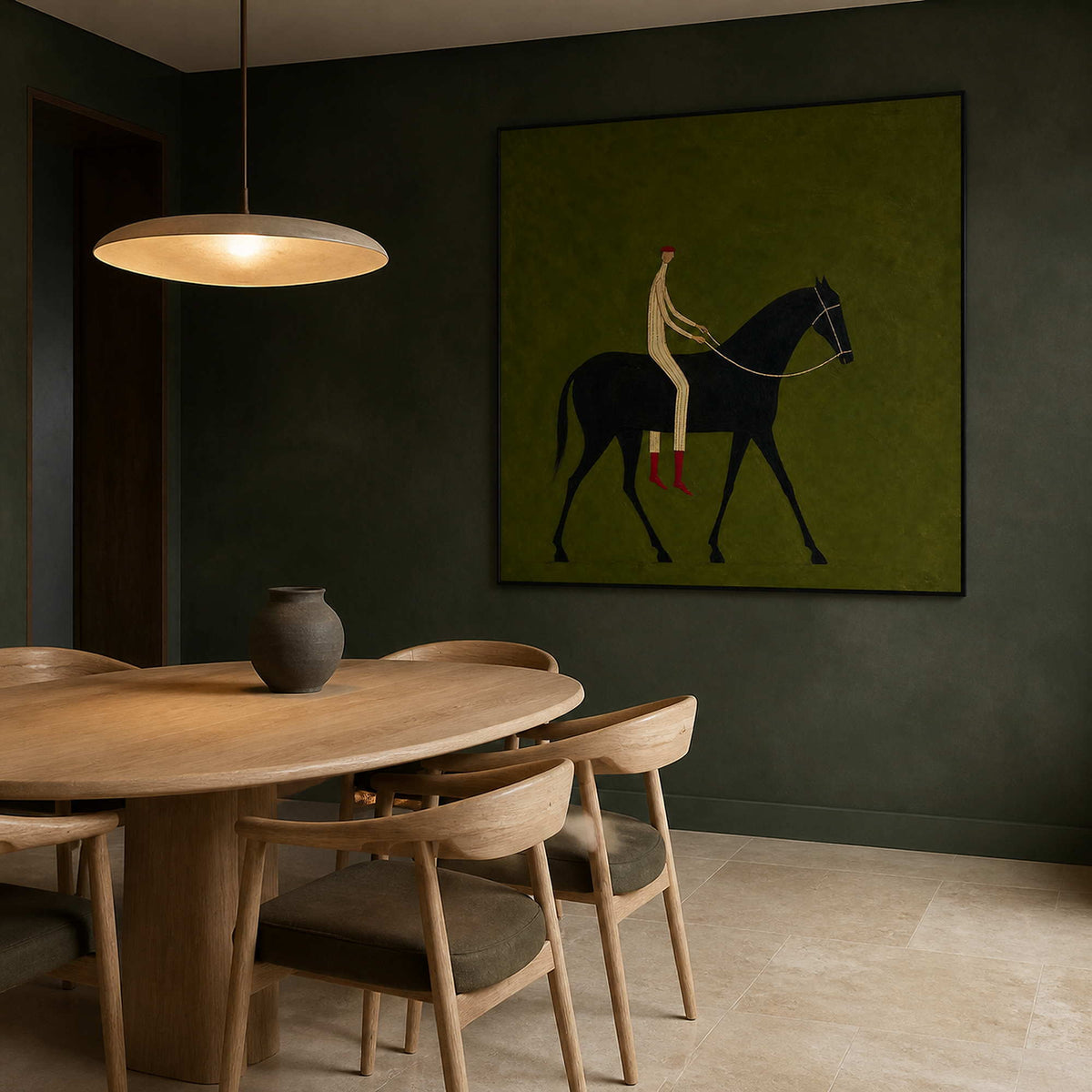 Graphic horse and rider painting displayed in a green dining room.