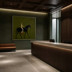 Graphic equestrian artwork displayed in a dark green club reception.