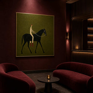 Minimal horse and rider painting in a burgundy hotel lounge.