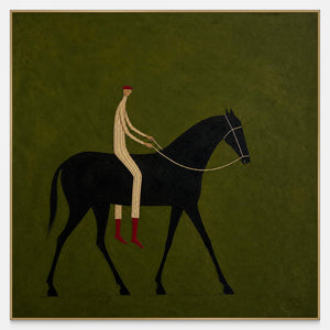 Hand-painted cream rider in red boots on a black horse.