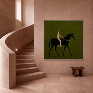 Playful minimalist equestrian artwork beside a pink sandstone staircase.