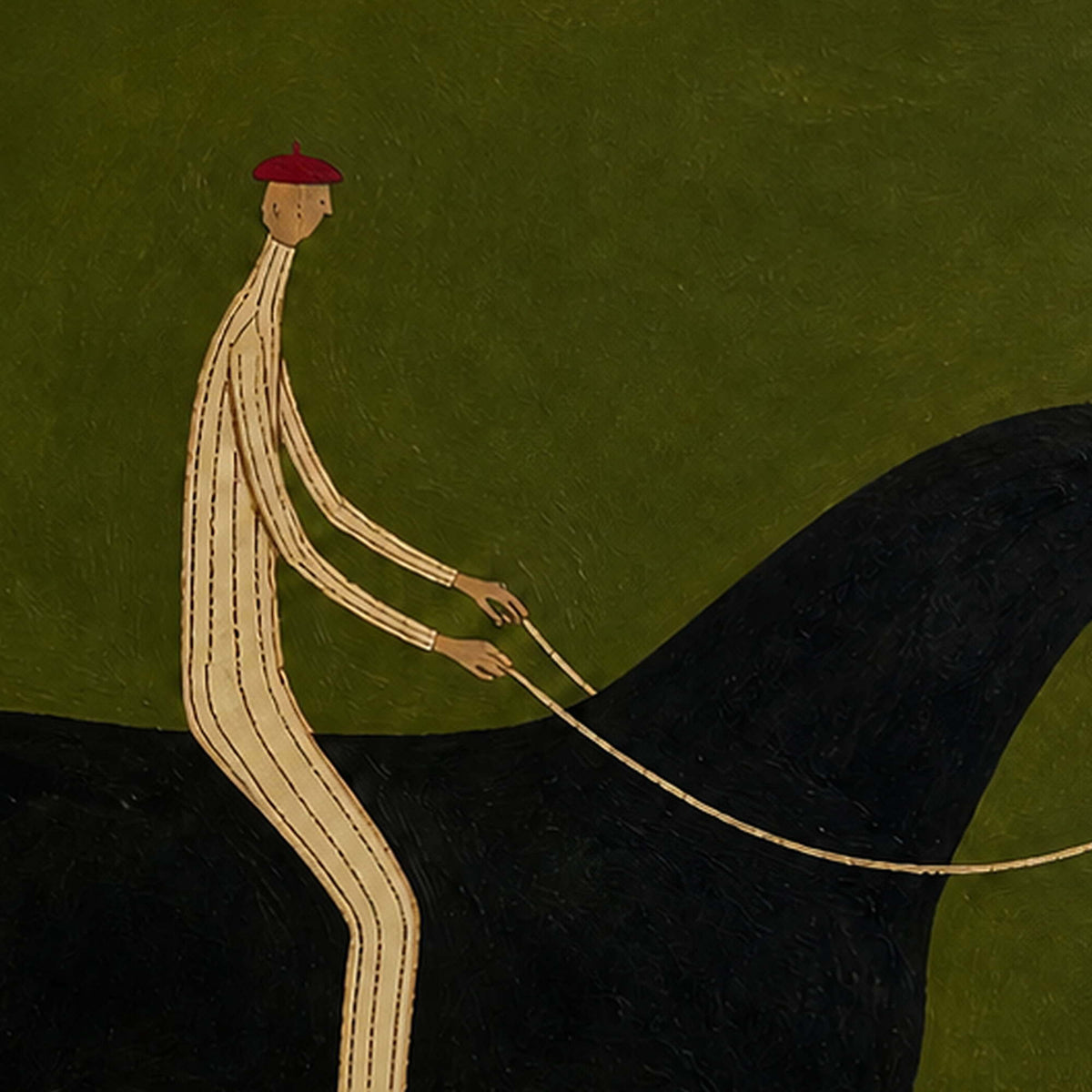 Close-up of the elongated rider, red boots, and olive painted texture.