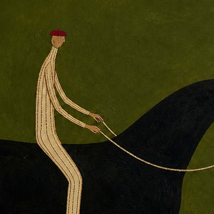 Close-up of the elongated rider, red boots, and olive painted texture.