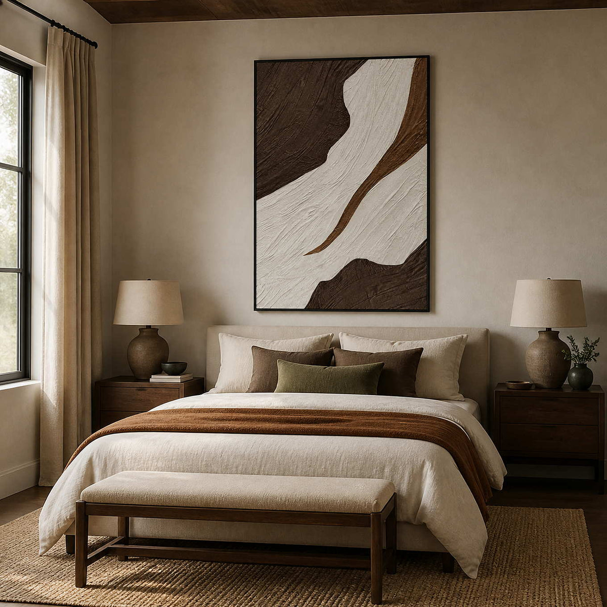 Black-framed brown and ivory abstract wall art above a bed with neutral linens.