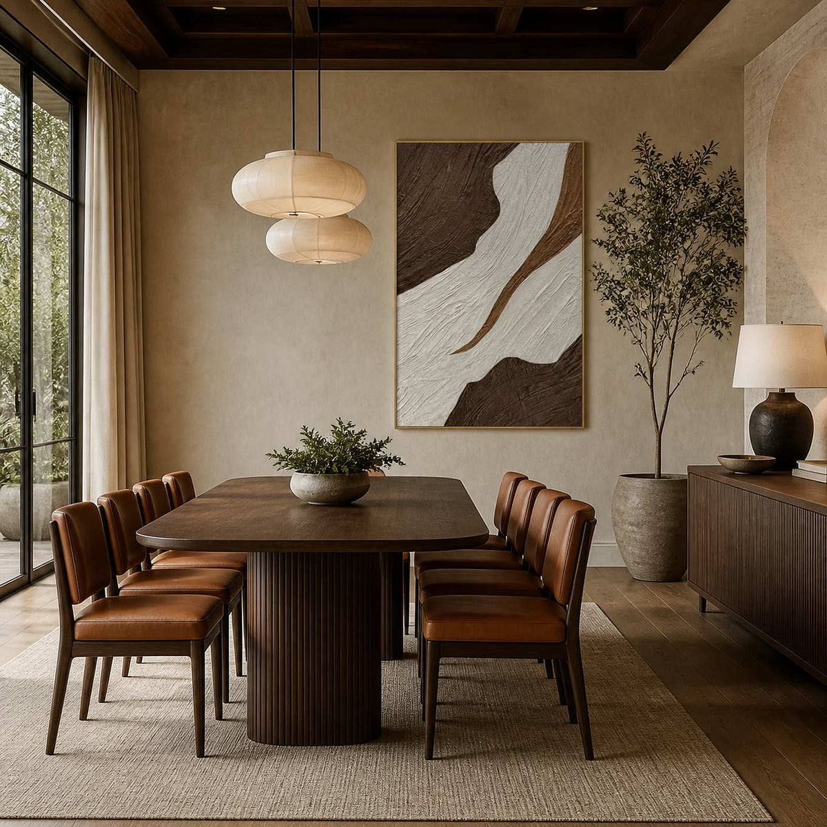 Gold-framed textured abstract wall art behind a wooden dining table with leather chairs.