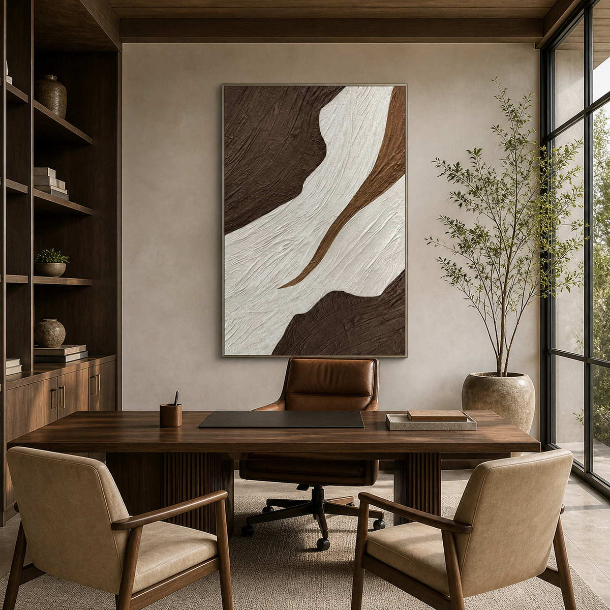 Silver-framed abstract wall art behind a wooden office desk beside a tall window.