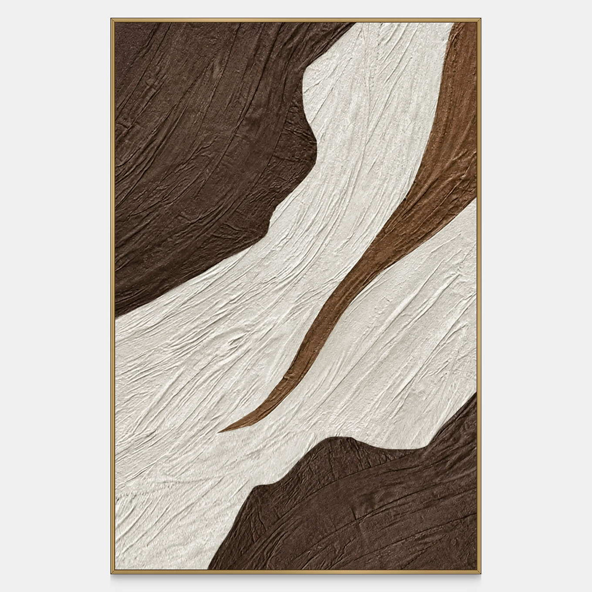 Vertical textured abstract wall art with a broad ivory passage and slender brown curve.