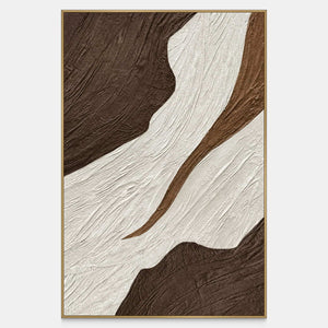 Vertical textured abstract wall art with a broad ivory passage and slender brown curve.