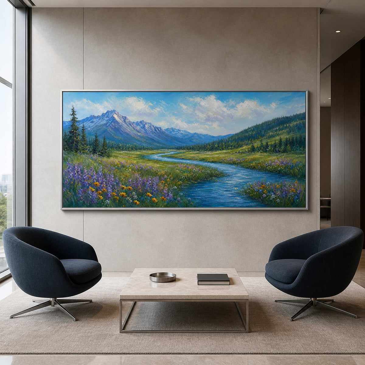 Panoramic alpine valley wall art displayed in an executive lounge.