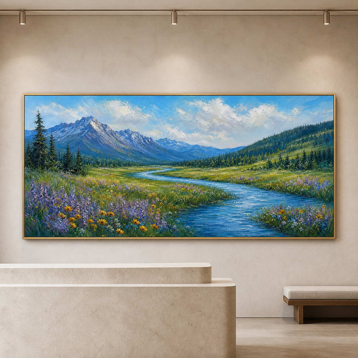 Textured mountain panorama displayed in a contemporary gallery reception.