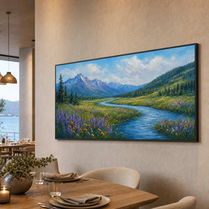 Textured mountain landscape wall art shown from the right in a lakeside dining room.