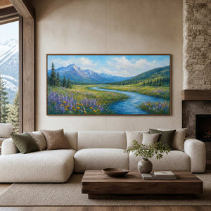 Panoramic mountain landscape wall art displayed in a mountain villa living room.