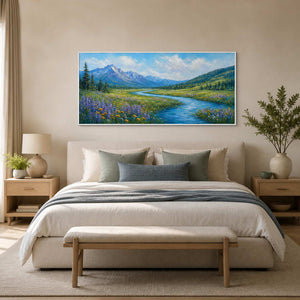 Blue and green panoramic landscape wall art displayed in a modern primary bedroom.