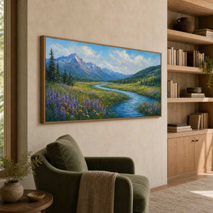 Colorful river valley wall art shown from the left in a nature-inspired reading room.