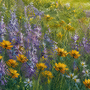 Close-up of violet, gold, green, and white paint texture in the alpine meadow.