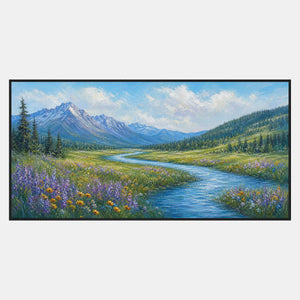 Hand-painted alpine river landscape with blue peaks, green meadow, and violet wildflowers.
