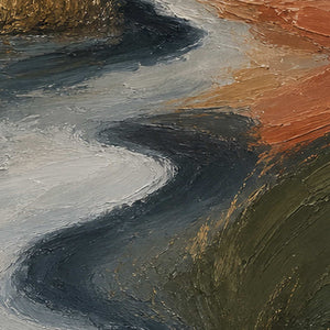 Close-up of raised hand-painted texture in earth tones, green, and black.