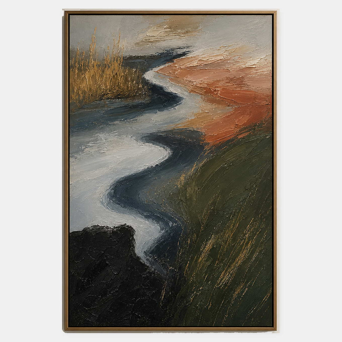 Hand-painted textured abstract wall art with earth tones, green, and black tones.